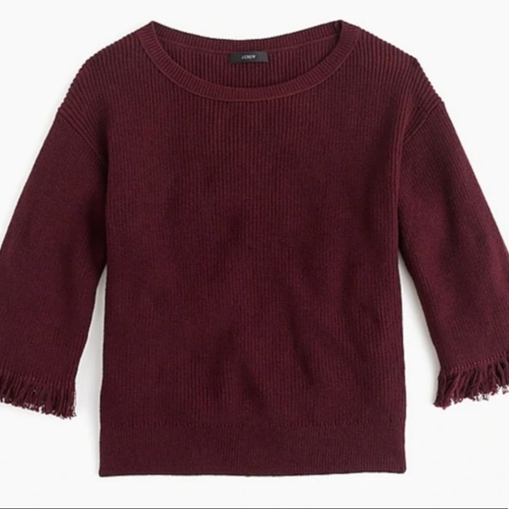 J.Crew Burgundy Knit Fringe Sleeve Crew Sweater